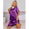 Ekouaer Satin Silk Nightgown for Women Silky Loose Sleepwear V Neck Nightshirt Short Sleeve Sleep Dress(Purple)