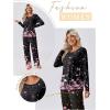 Ekouaer Womens Pajama Sets Pleated Tops with Long Pants Lounge Set Long Sleeve Fall Sleepwear Ladies Pjs S-XXL(Black Floral)