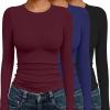 Ekouaer 3 Pack Women Long Sleeve Crew Neck Shirts Basic Thermal Tops Slim Fit Ruch Side Tees Going Out Layering Thirts XS-XXL(Black/Dark Red/Navy Blue)