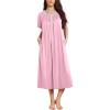 Ekouaer Long Nightgowns for Women Short Sleeve Sleepshirt Button Sleep Dress with Pockets(Pink)
