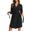 Ekouaer Robes for Women Waffle Knit Bathrobe Lightweight Kimono Robe Knee Length Loungewear with Pockets(Black)