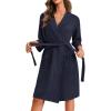Ekouaer Robes for Women Waffle Knit Bathrobe Lightweight Kimono Robe Knee Length Loungewear with Pockets(Navy Blue)