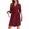 Ekouaer Robes for Women Waffle Knit Bathrobe Lightweight Kimono Robe Knee Length Loungewear with Pockets(Wine Red)