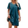 Ekouaer Satin Silk Nightgown for Women Silky Loose Sleepwear V Neck Nightshirt Short Sleeve Sleep Dress(Blue)