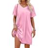 Ekouaer Satin Silk Nightgown for Women Silky Loose Sleepwear V Neck Nightshirt Short Sleeve Sleep Dress(Pink)