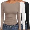 Ekouaer Women’s Boat Neck Tops 3 Packs Long Sleeve Shirts Ruched Fall Fashion 2025 Outfits Basic Thermal Underscrubs(3pcs Black / White / Light Brown)
