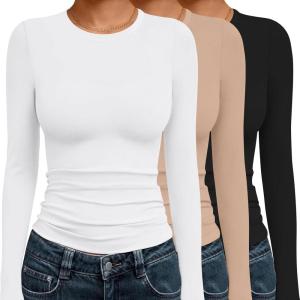 Ekouaer 3 Pack Women Long Sleeve Crew Neck Shirts Basic Thermal Tops Slim Fit Ruch Side Tees Going Out Layering Thirts XS-XXL(Black/White/Khaki)