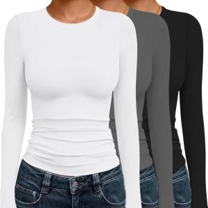 Ekouaer 3 Pack Women Long Sleeve Crew Neck Shirts Basic Thermal Tops Slim Fit Ruch Side Tees Going Out Layering Thirts XS-XXL(Black/White/Light Grey)