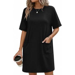 Ekouaer Cotton Nightgowns for Women Short Sleeve Sleep Shirts Crew Neck Night Dress Nightshirt with Pockets S-2XL(Black)