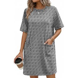 Ekouaer Cotton Nightgowns for Women Short Sleeve Sleep Shirts Crew Neck Night Dress Nightshirt with Pockets S-2XL(Black White Floral)