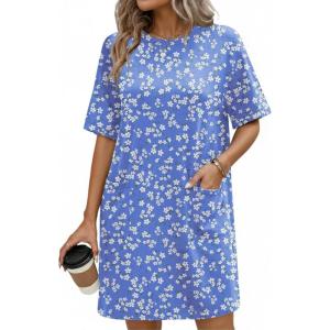 Ekouaer Cotton Nightgowns for Women Short Sleeve Sleep Shirts Crew Neck Night Dress Nightshirt with Pockets S-2XL(Blue Floral)