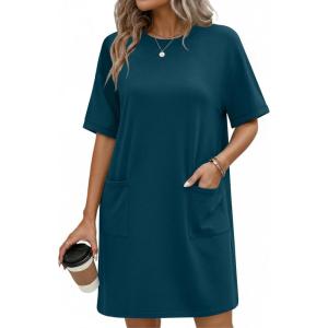 Ekouaer Cotton Nightgowns for Women Short Sleeve Sleep Shirts Crew Neck Night Dress Nightshirt with Pockets S-2XL(Blue Green)