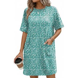 Ekouaer Cotton Nightgowns for Women Short Sleeve Sleep Shirts Crew Neck Night Dress Nightshirt with Pockets S-2XL(Blue Green Floral)