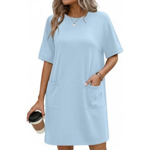 Ekouaer Cotton Nightgowns for Women Short Sleeve Sleep Shirts Crew Neck Night Dress Nightshirt with Pockets S-2XL(Light Blue)