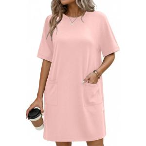 Ekouaer Cotton Nightgowns for Women Short Sleeve Sleep Shirts Crew Neck Night Dress Nightshirt with Pockets S-2XL(Light Pink)