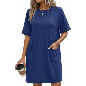 Ekouaer Cotton Nightgowns for Women Short Sleeve Sleep Shirts Crew Neck Night Dress Nightshirt with Pockets S-2XL(Navy Blue)