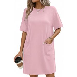 Ekouaer Cotton Nightgowns for Women Short Sleeve Sleep Shirts Crew Neck Night Dress Nightshirt with Pockets S-2XL(Pink)