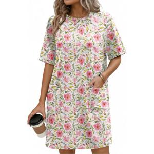 Ekouaer Cotton Nightgowns for Women Short Sleeve Sleep Shirts Crew Neck Night Dress Nightshirt with Pockets S-2XL(Pink Floral)