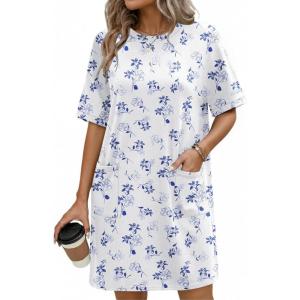 Ekouaer Cotton Nightgowns for Women Short Sleeve Sleep Shirts Crew Neck Night Dress Nightshirt with Pockets S-2XL(White Floral)