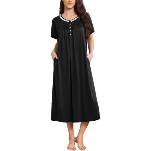 Ekouaer Long Nightgowns for Women Short Sleeve Sleepshirt Button Sleep Dress with Pockets(Black)