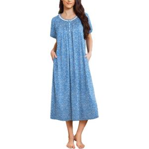 Ekouaer Long Nightgowns for Women Short Sleeve Sleepshirt Button Sleep Dress with Pockets(Blue Flower)
