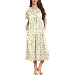 Ekouaer Long Nightgowns for Women Short Sleeve Sleepshirt Button Sleep Dress with Pockets(Green Leaf)