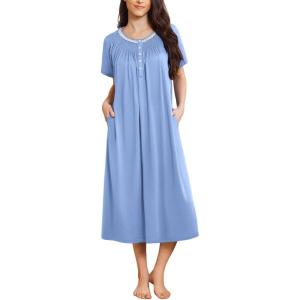 Ekouaer Long Nightgowns for Women Short Sleeve Sleepshirt Button Sleep Dress with Pockets(Light Blue)