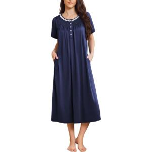 Ekouaer Long Nightgowns for Women Short Sleeve Sleepshirt Button Sleep Dress with Pockets(Navy Blue)