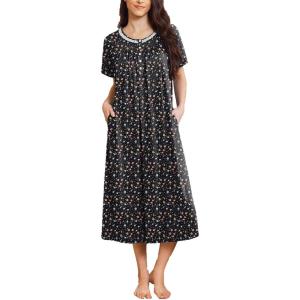 Ekouaer Long Nightgowns for Women Short Sleeve Sleepshirt Button Sleep Dress with Pockets(Navy Blue Floral)