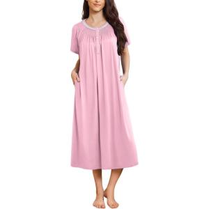 Ekouaer Long Nightgowns for Women Short Sleeve Sleepshirt Button Sleep Dress with Pockets(Pink)
