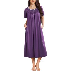 Ekouaer Long Nightgowns for Women Short Sleeve Sleepshirt Button Sleep Dress with Pockets(Purple)
