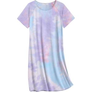 Ekouaer Nightgowns for Women Cotton Sleep Shirts Short Sleeve Nightshirt Crew Neck Night Gown Comfy Sleepwear Nightdress(Purple Tie Dye)