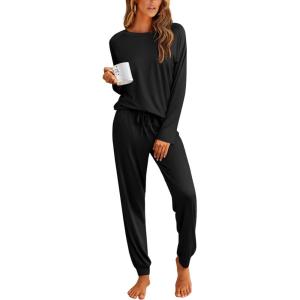 Ekouaer Pajamas Womens Long Sleeve Pj Set 2 Piece Loungewear Soft Comfy Sleepwear with Jogger Pants S-XXL(Black)