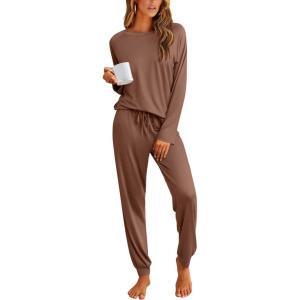 Ekouaer Pajamas Womens Long Sleeve Pj Set 2 Piece Loungewear Soft Comfy Sleepwear with Jogger Pants S-XXL(Brown)