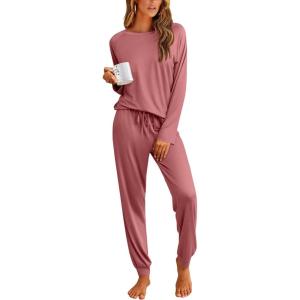 Ekouaer Pajamas Womens Long Sleeve Pj Set 2 Piece Loungewear Soft Comfy Sleepwear with Jogger Pants S-XXL(Old Rose)