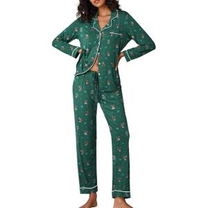 Ekouaer Pajamas Women’s Long Sleeve Sleepwear Soft Button Down Loungewear Pjs Lounge Set Nightwear XS-XXL(Christmas Green With Elk)
