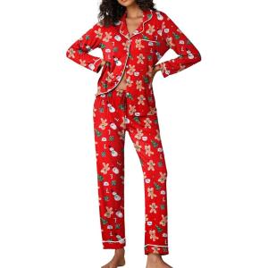 Ekouaer Pajamas Women’s Long Sleeve Sleepwear Soft Button Down Loungewear Pjs Lounge Set Nightwear XS-XXL(Christmas Red With Gingerbread Man)