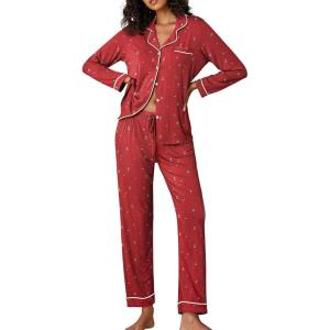 Ekouaer Pajamas Women’s Long Sleeve Sleepwear Soft Button Down Loungewear Pjs Lounge Set Nightwear XS-XXL(Christmas Tree)