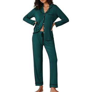 Ekouaer Pajamas Women’s Long Sleeve Sleepwear Soft Button Down Loungewear Pjs Lounge Set Nightwear XS-XXL(Dark Green)