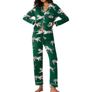 Ekouaer Pajamas Women’s Long Sleeve Sleepwear Soft Button Down Loungewear Pjs Lounge Set Nightwear XS-XXL(Dark Green-tiger)