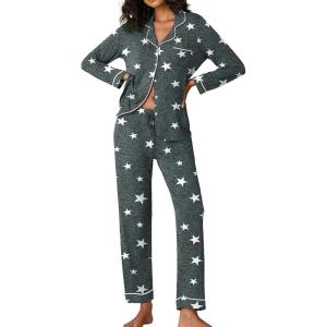 Ekouaer Pajamas Women’s Long Sleeve Sleepwear Soft Button Down Loungewear Pjs Lounge Set Nightwear XS-XXL(Dark Grey White Stars)