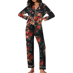 Ekouaer Pajamas Women’s Long Sleeve Sleepwear Soft Button Down Loungewear Pjs Lounge Set Nightwear XS-XXL(Floral Black)
