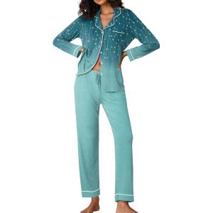 Ekouaer Pajamas Women’s Long Sleeve Sleepwear Soft Button Down Loungewear Pjs Lounge Set Nightwear XS-XXL(Floral Blue Green)