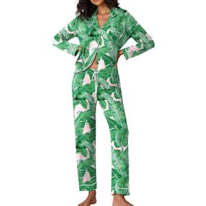 Ekouaer Pajamas Women’s Long Sleeve Sleepwear Soft Button Down Loungewear Pjs Lounge Set Nightwear XS-XXL(Green Leaves)