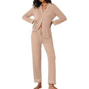 Ekouaer Pajamas Women’s Long Sleeve Sleepwear Soft Button Down Loungewear Pjs Lounge Set Nightwear XS-XXL(Khaki)
