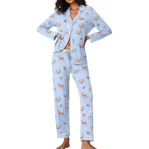 Ekouaer Pajamas Women’s Long Sleeve Sleepwear Soft Button Down Loungewear Pjs Lounge Set Nightwear XS-XXL(Light Blue-animal)