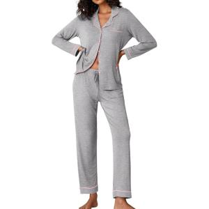 Ekouaer Pajamas Women’s Long Sleeve Sleepwear Soft Button Down Loungewear Pjs Lounge Set Nightwear XS-XXL(Light Grey)