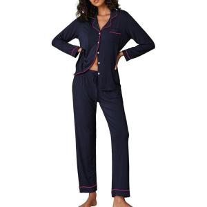 Ekouaer Pajamas Women’s Long Sleeve Sleepwear Soft Button Down Loungewear Pjs Lounge Set Nightwear XS-XXL(Navy)