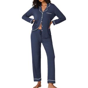 Ekouaer Pajamas Women’s Long Sleeve Sleepwear Soft Button Down Loungewear Pjs Lounge Set Nightwear XS-XXL(Navy With White Dots)