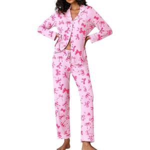 Ekouaer Pajamas Women’s Long Sleeve Sleepwear Soft Button Down Loungewear Pjs Lounge Set Nightwear XS-XXL(Pink Bow Knot)